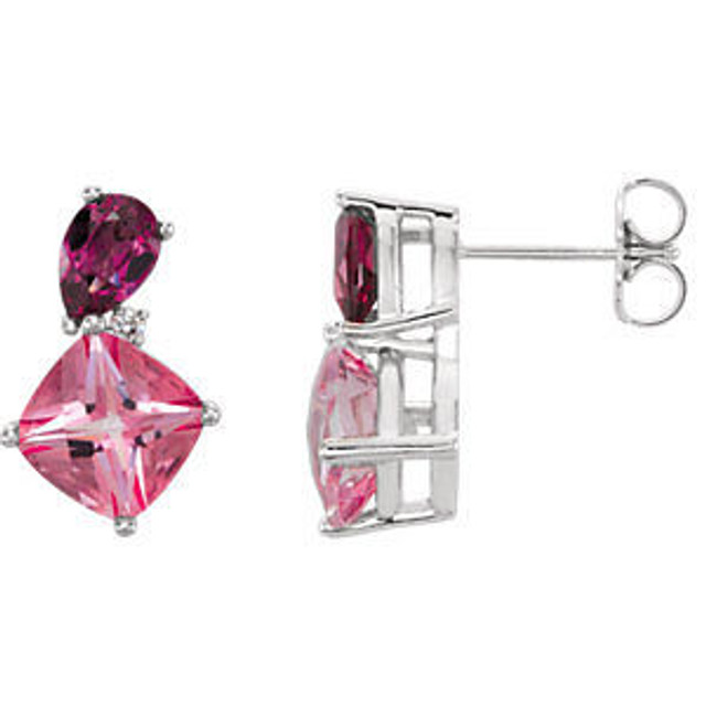 Beautiful multi shape earrings featuring gorgeous Garnet Rhodolite and Topaz Passion gemstones. Diamonds are G-H in color and I1 or better in clarity. Polished to a brilliant shine. 