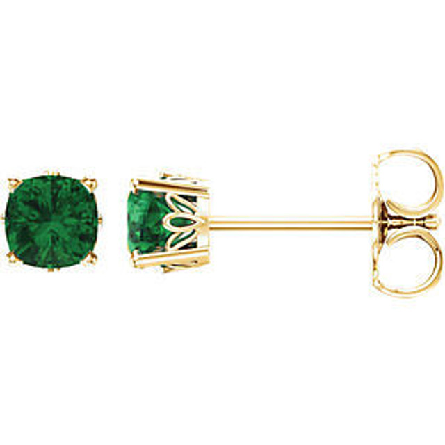 Lush with the dark green hue of nature itself, Emeralds pulse with vitality and are representative of life and excitement. This simple stud design features a 6 x 6mm cushion-cut lab-grown emerald cradled in a 4-prong basket of 14k yellow gold finished with a friction back post.