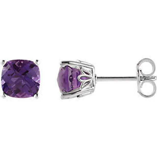 A pair of velvety amethysts are featured in these 14K white gold earrings. The earrings are secured by friction backs. Amethyst is February's birthstone. Gently clean by rinsing in warm water and drying with a soft cloth.