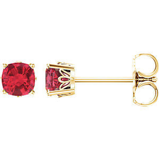 Fiery and romantic! This simple stud design features a 4 x 4mm cushion-cut created ruby cradled in a 4-prong basket of 14k yellow gold finished with a tension back post.
