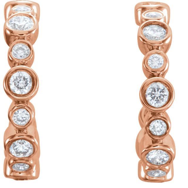 In each 14k Rose Gold J-Hoop Earring, twelve diamonds are bezel set. Earrings are finished with friction backs for pierced ears. Each earring has roughly .125 carats, for a total diamond weight of 1/4 carats.