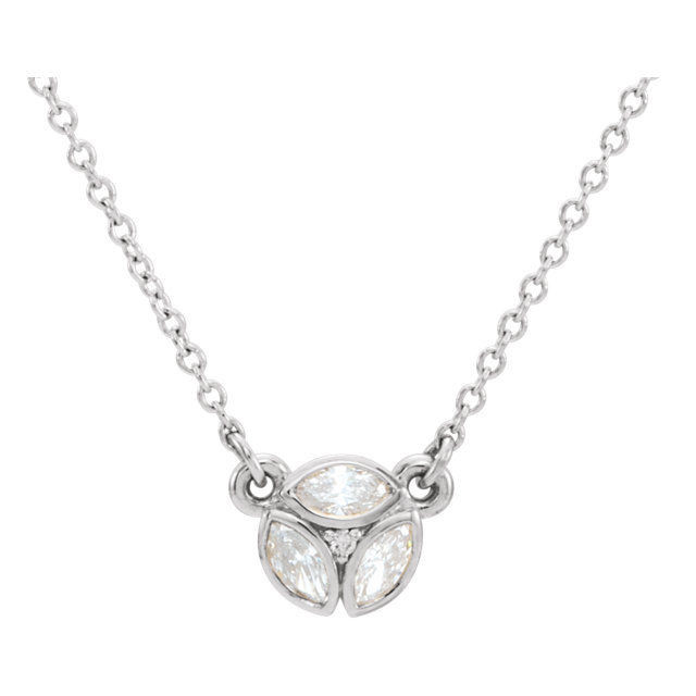 Beautiful 14Kt white gold 3-stone marquise necklace featuring white shimmering diamonds with 1/4 carats of diamonds hanging from a adjustable 16-18" inch cable chain. Polished to a brilliant shine. 