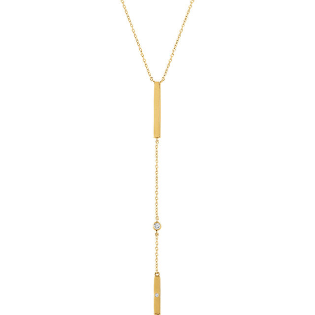 This alluring diamond bar "Y" necklace is striking. Set in 14kt yellow gold with 2 shimmery diamonds weighing .06 ct tw, it is a perfect necklace for the perfect black dress. Don this knockout and all eyes will be on you.