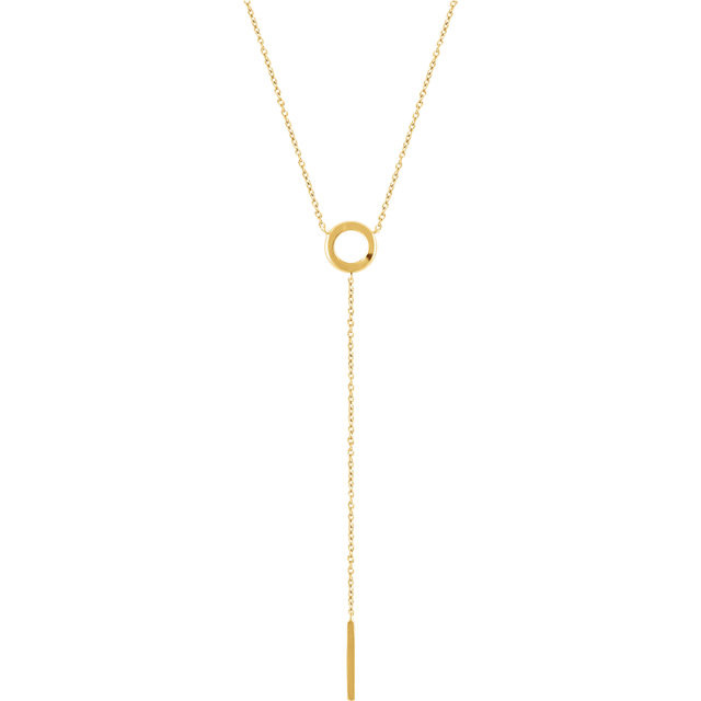 This fashionable Circle & Bar "Y" Necklace is constructed from 14kt Yellow Gold. Necklace is adjustable 16" to 18" and has a bright polish to shine.