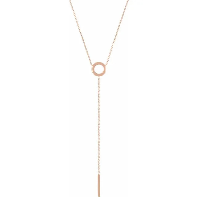 This fashionable Circle & Bar "Y" Necklace is constructed from 14kt Rose Gold. Necklace is adjustable 16" to 18" and has a bright polish to shine.