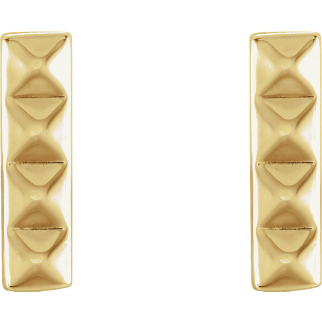 Beautiful 14Kt yellow gold pyramid bar earrings with friction backs. The size of the earring is 9.06x2.52mm. Total weight of the gold is 0.94 grams.