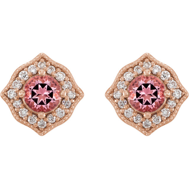 Exquisite 14Kt rose gold halo-style earrings capturing the beauty of a round radiant genuine topaz passion in each surrounded by white shimmering diamonds.