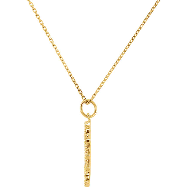 Diamond baby girl necklace fashioned in 14k yellow gold. Diamond weight is 1/5, G-H in color and I1 or better in clarity. Comes with a 16.00 inch 14k yellow gold solid cable chain and has a bright polish to shine.