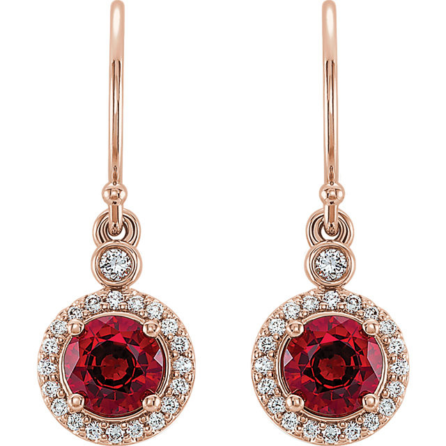 Wonderful 14Kt rose gold halo-style earrings capturing the beauty of Chatham® created ruby surrounded by .08 carat total weight of white diamonds.