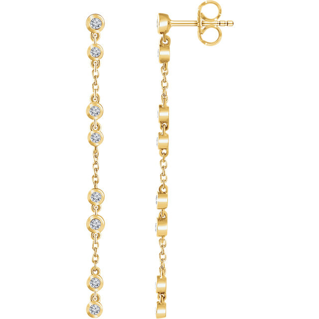 Stylish 14Kt Yellow Gold Diamond Chain Earrings with friction backs. The length of the earring is 47mm. Total weight of the gold is 1.56 grams. Diamonds are H+ in color and I1 or better in clarity. These earrings makes an awesome Gift for that special someone in your life.