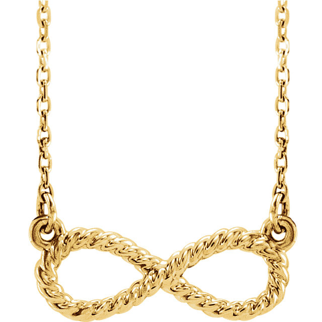 Simple 14k yellow gold rope infinity-inspired 16" necklace. Wonderfully symbolic design means forever, what a loving gift.