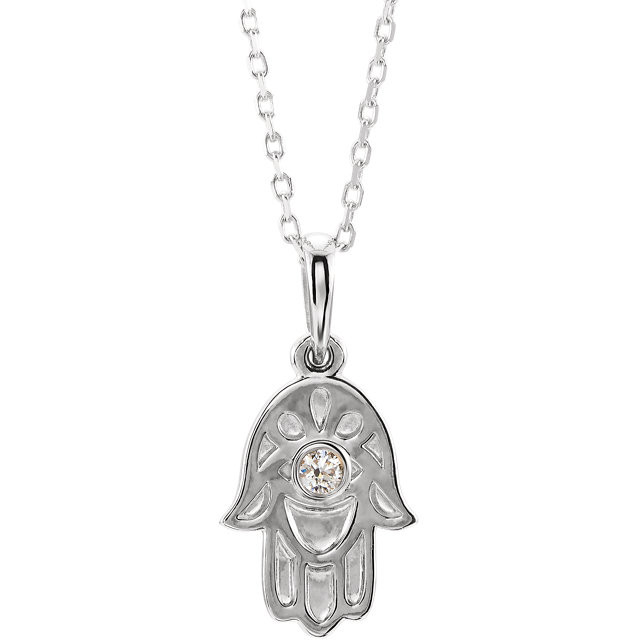 This magnificent religious-style diamond Hamsa (hand of god) necklace comes in sterling silver and has a bright polish to shine.

Inside this stunning hamsa pendant, an evil eye is centered with a bezel set diamond.