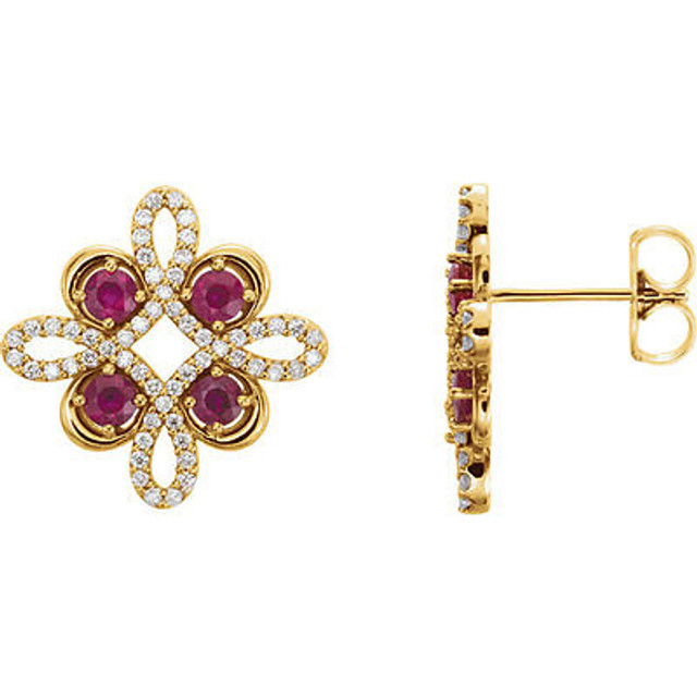 Beautiful 14k yellow gold clover earrings featuring eight gorgeous rubies and 1/4 total carat weight of diamonds. 