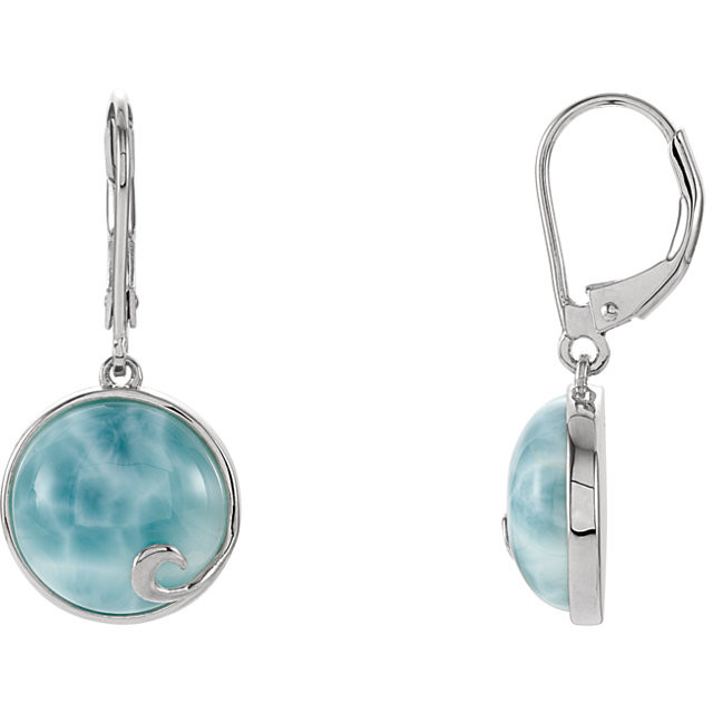 These genuine larimar drop earrings feature a stone as mysterious & stunning as the place they originate, the Dominican Republic.

Soft blues and soothing turquoise reveal white flashes throughout these Larimar stones, each measuring 13 x 13mm. That's an approximate total weight of 15.20 carats.

Bezel set into a .925 sterling silver round design with a lovely artistic swirl, these larimar gemstone earrings take you anywhere you want to go.