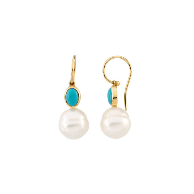 Wonderful 14k yellow gold earrings with genuine turquoise 8x6mm in size and a 12mm south Sea cultured pearl stone.