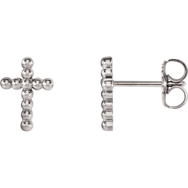 These small stud earrings feature a beaded cross designed from polished 14k gold with a friction back post. It is approximately 7mm (1/4 inch) in width by 9mm (3/8 inch) in length.