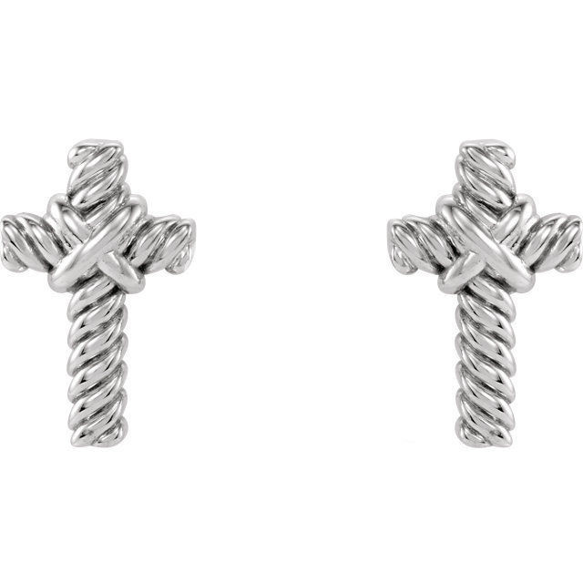 These small stud earrings feature a decorative Rope Cross designed from polished 14k white gold with a friction back post. It is approximately 6mm (1/4 inch) in width by 9mm (3/8 inch) in length.