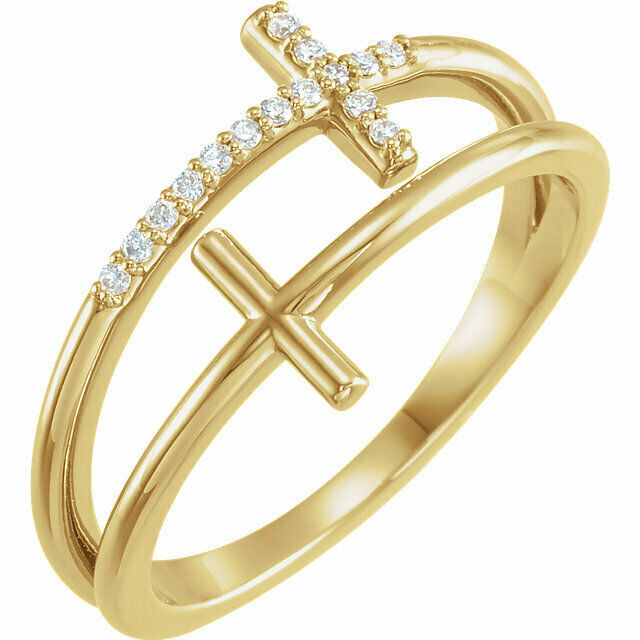 This sideways cross ring features 15 sparkling diamonds set in 14k yellow gold.