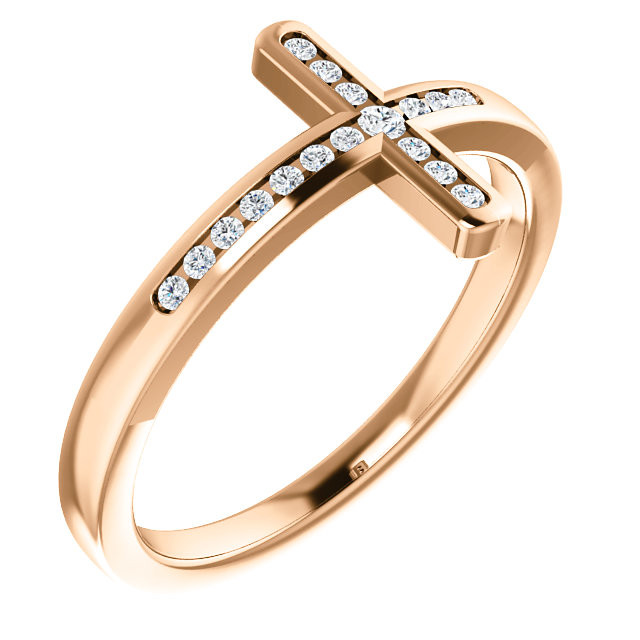 Share your faith for all to see with this sparkling diamond cross ring. Created in 14K rose gold this design features a traditional cross outlined with shimmering diamonds and turned on its side. Certain to become a treasured favorite, this ring captivates with 1/10 ct. t.w. of diamonds and a polished shine.