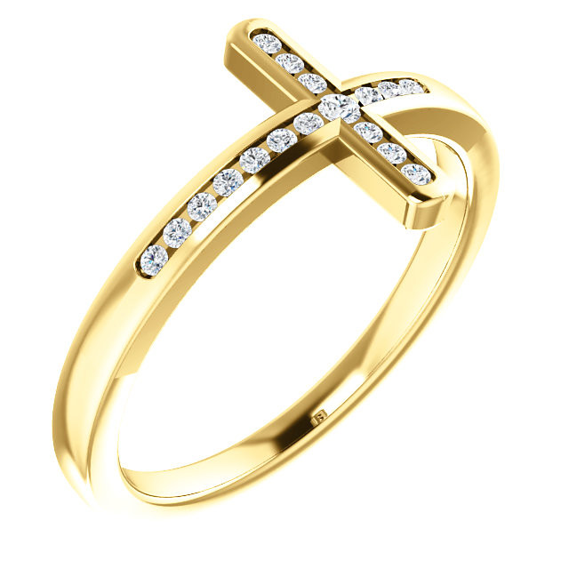 Share your faith for all to see with this sparkling diamond cross ring. Created in 14K yellow gold this design features a traditional cross outlined with shimmering diamonds and turned on its side. Certain to become a treasured favorite, this ring captivates with 1/10 ct. t.w. of diamonds and a polished shine.