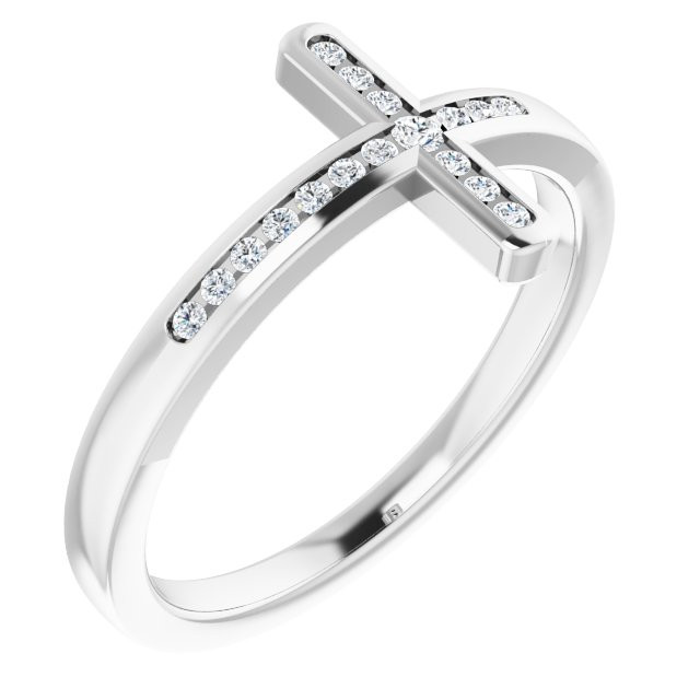 Share your faith for all to see with this sparkling diamond cross ring. Created in Sterling Silver this design features a traditional cross outlined with shimmering diamonds and turned on its side. Certain to become a treasured favorite, this ring captivates with 1/10 ct. t.w. of diamonds and a polished shine. 