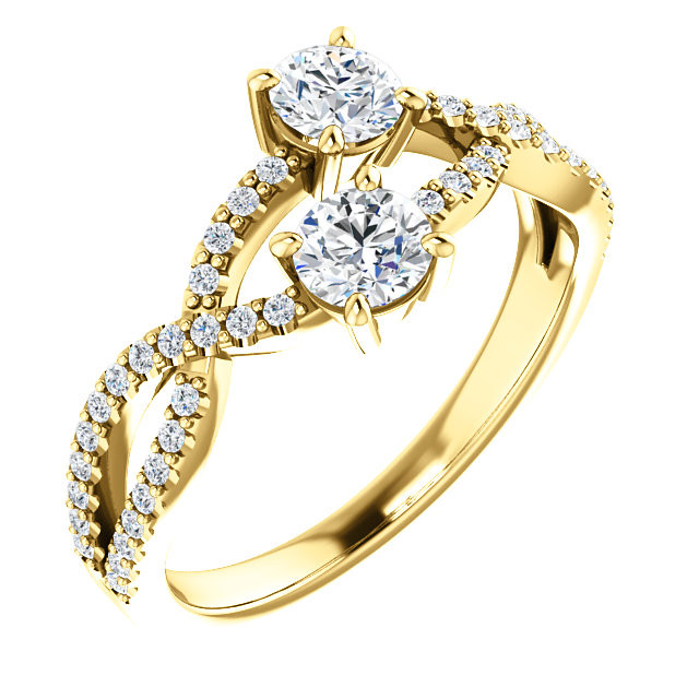 Made in yellow gold, this exquisite design features 2 diamonds accented with 48 round cut diamonds, representing both your friendship and loving commitment.