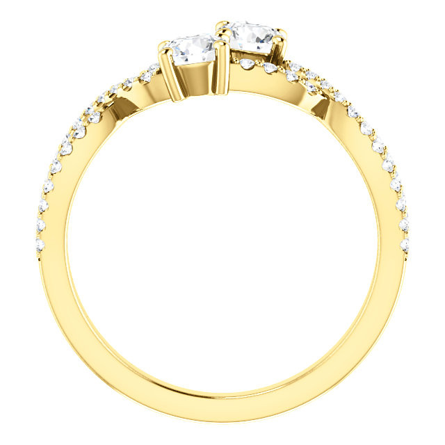 Made in yellow gold, this exquisite design features 2 diamonds accented with 48 round cut diamonds, representing both your friendship and loving commitment.