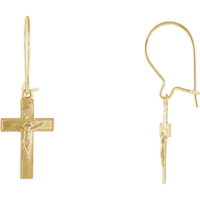 Crucifix Earrings In 14K Yellow Gold measures 25.00x09.00mm and has a bright polish to shine.