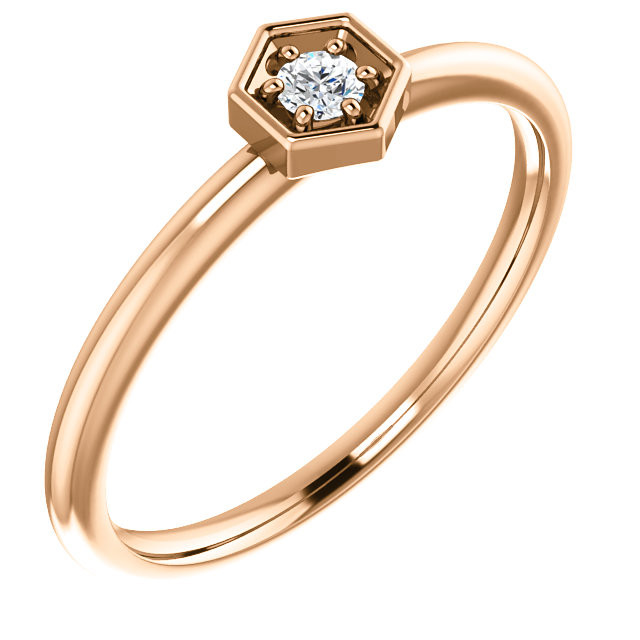 This gorgeous diamond hexagon stackable ring can be worn on its own, or it can be stacked with other rings to really make a dramatic style statement. It has a very simple and timeless design with .06 ct tw diamond that twinkle and shine. This beautiful ring is pictured here in sophisticated 14 karat rose gold.