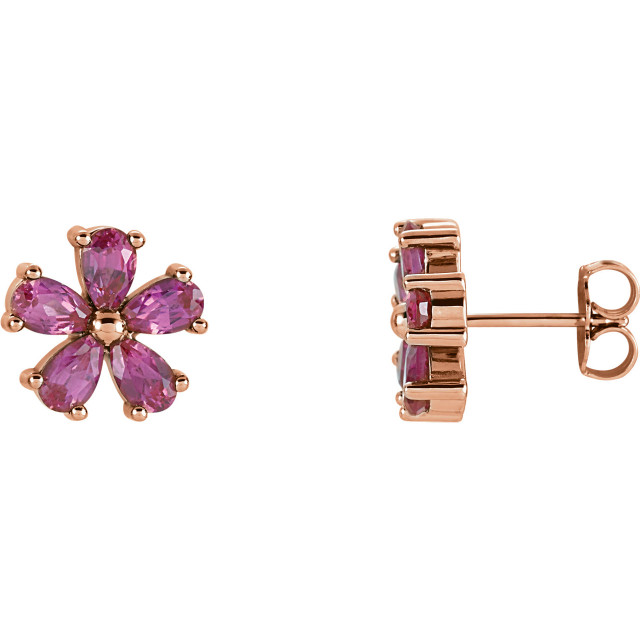 An alluring Chatham® lab created pink sapphires makes a vibrant statement in each of these stylish earrings for her. Crafted in 14K rose gold, These fine jewelry earrings are secured with friction backs. 