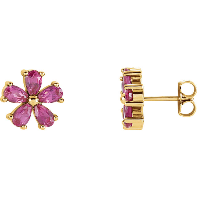 An alluring lab-created pink sapphire makes a vibrant statement in each of these stylish earrings for her. Crafted in 14K Yellow gold, These fine jewelry earrings are secured with friction backs. 