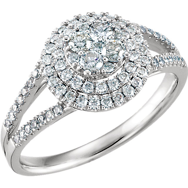 Sparkling and romantic, honor her on that special day with this exquisite diamond engagement ring. Expertly crafted in 1K white gold, this ring features a round cluster of shimmering round diamonds at its center. Designed to take her breath away, this ring delights with 5/8 ct. t.w. of diamonds and a polished shine.