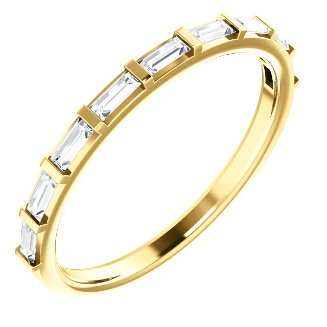 This 1/4 ct diamond straight baguette ring is made of polished 14kt yellow gold. Diamonds are set end to end and separated by sleek bars of gold.