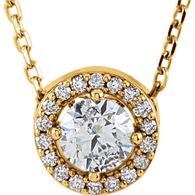 Our designer inspired 1/3 ct. tw. round cut diamond styled 16" halo necklace in 14kt yellow gold is a perfect match for today's style. Show off this wonderful Necklace with any and every outfit. This necklace is simple yet stunning, captivating like no other.