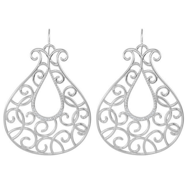 Superb style is found in these sterling silver earrings accented with the brilliance of round full cut white diamonds. Total weight of the diamonds is 1/4 carats.