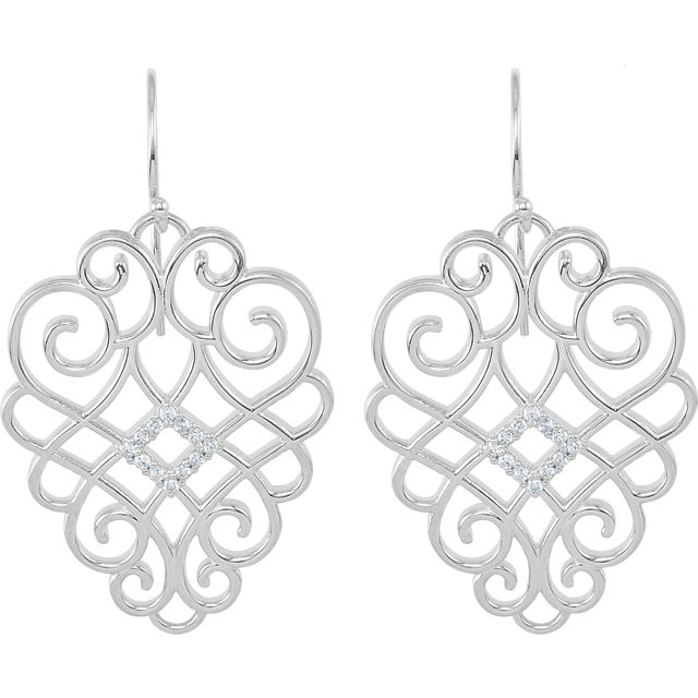 Superb style is found in these sterling silver earrings accented with the brilliance of round full cut white diamonds. Total weight of the diamonds is 1/4 carats.