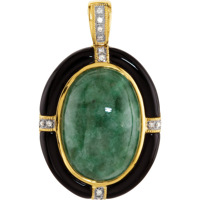 Delightful color is captured in this 20x14mm Genuine Russian Jadeite, Onyx gemstone in 14Kt yellow gold pendant featuring articulate design.