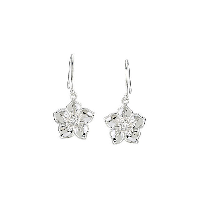A single, full-cut diamond adorns the center of each of these lovely, forget me not earrings. The combined stone weight is 0.03 carat.  These dangle earrings measure an approximate 1-1/8" length.