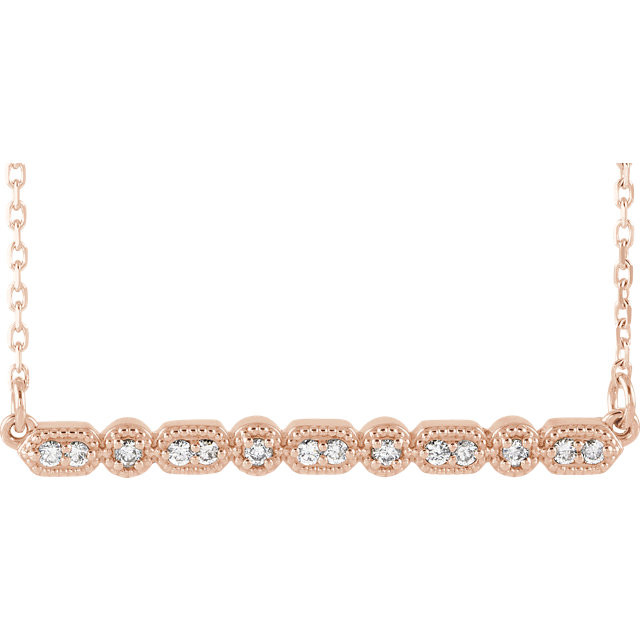 Beautiful 14k rose gold necklace features white shimmering diamonds with I1 G-H of diamonds hanging from a 18" inch chain which is included.