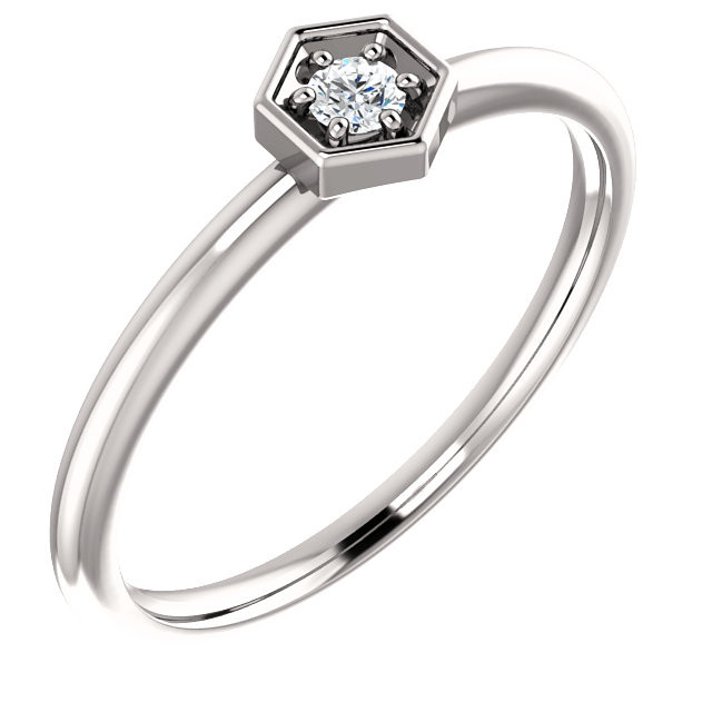 This gorgeous diamond hexagon stackable ring can be worn on its own, or it can be stacked with other rings to really make a dramatic style statement. It has a very simple and timeless design with .06 ct tw diamond that twinkle and shine. This beautiful ring is pictured here in sophisticated 14 karat white gold.
