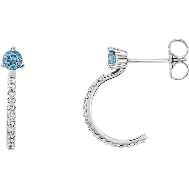 Stunning Aquamarine and diamond J-hoop earrings. Aquamarine gems are 3mm round and accented with 1/6ctw diamonds set the full length of the J-hoop. Dainty earrings