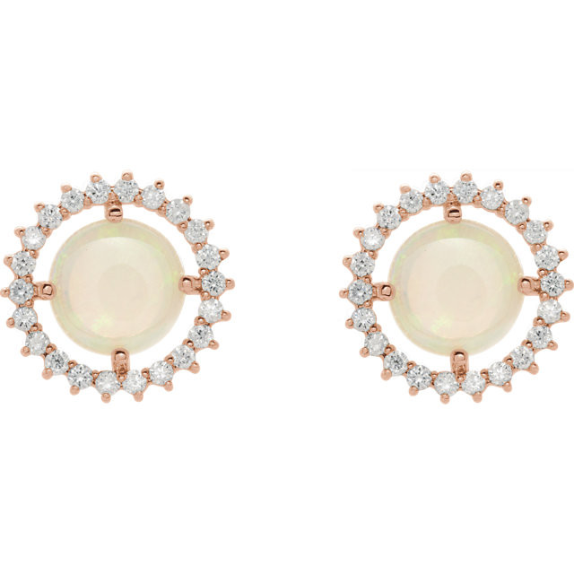 Exquisite 14Kt rose gold earrings capturing the beauty of a round radiant genuine opal in each surrounded by white shimmering diamonds.