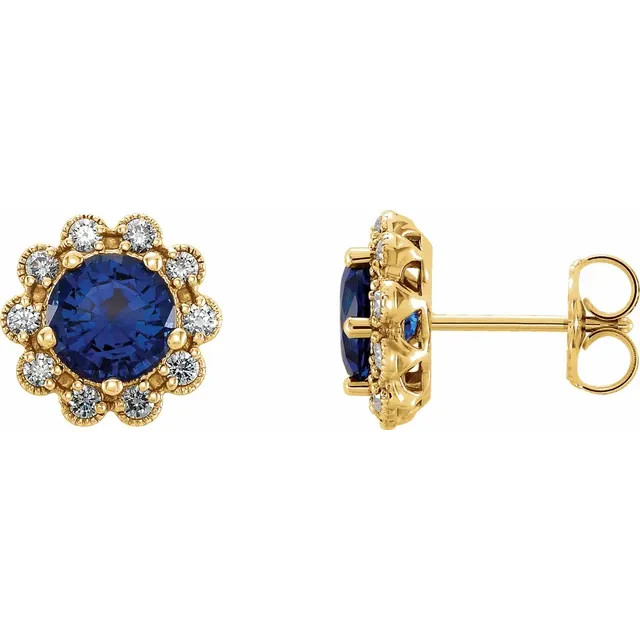 Colorful round natural sapphires outlined with sparkling round diamonds form these lovely earrings for her. Crafted in 14k yellow gold, the earrings have a total diamond weight of 1/3 carat and are secured with friction backs. Sapphire is commonly subjected to enhancement processes or treatments such as heating and diffusion. Gently clean by rinsing in warm water and drying with a soft cloth.

