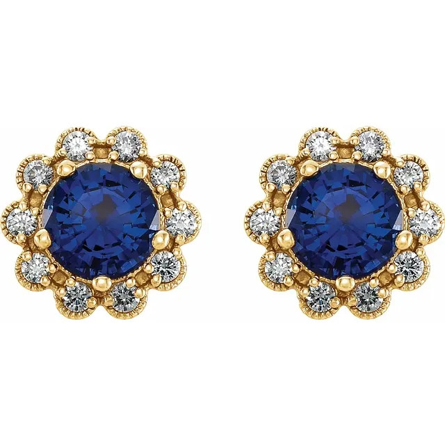 Colorful round natural sapphires outlined with sparkling round diamonds form these lovely earrings for her. Crafted in 14k yellow gold, the earrings have a total diamond weight of 1/3 carat and are secured with friction backs. Sapphire is commonly subjected to enhancement processes or treatments such as heating and diffusion. Gently clean by rinsing in warm water and drying with a soft cloth.

