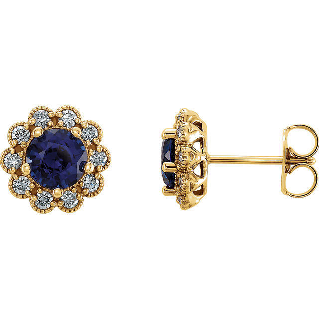 Colorful round natural sapphires outlined with sparkling round diamonds form these lovely earrings for her. Crafted in 14k yellow gold, the earrings have a total diamond weight of 1/4 carat and are secured with friction backs. Sapphire is commonly subjected to enhancement processes or treatments such as heating and diffusion. Gently clean by rinsing in warm water and drying with a soft cloth.