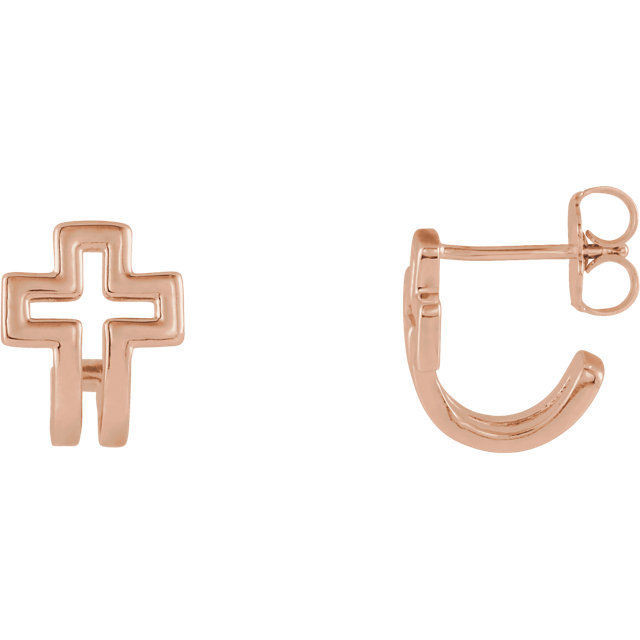 This symbol of Christianity was created from polished 14k rose gold and features an open cross j-hoop design with a friction-back post. They are approximately 9.29mm in width by 10.85mm in length.