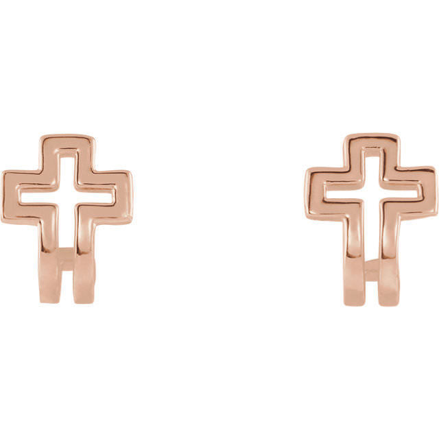 This symbol of Christianity was created from polished 14k rose gold and features an open cross j-hoop design with a friction-back post. They are approximately 9.29mm in width by 10.85mm in length.