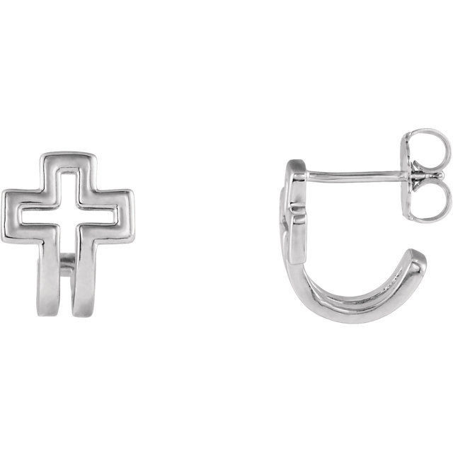 This symbol of Christianity was created from polished 14k white gold and features an open cross j-hoop design with a friction-back post. They are approximately 9.29mm in width by 10.85mm in length.