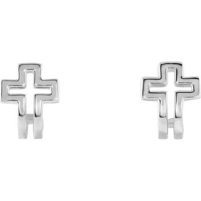 This symbol of Christianity was created from polished 14k white gold and features an open cross j-hoop design with a friction-back post. They are approximately 9.29mm in width by 10.85mm in length.