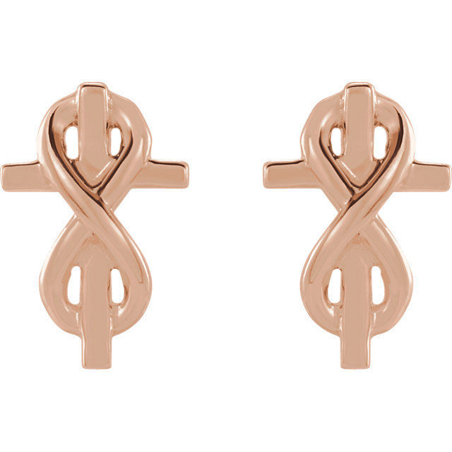 Superb style is found in these 14Kt rose gold infinity inspired earrings. Polished to a brilliant shine.